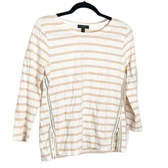 J. Crew Women’s Sequined Sailor Side Cream Tan Striped Shirt Size Small - Picture 2 of 8